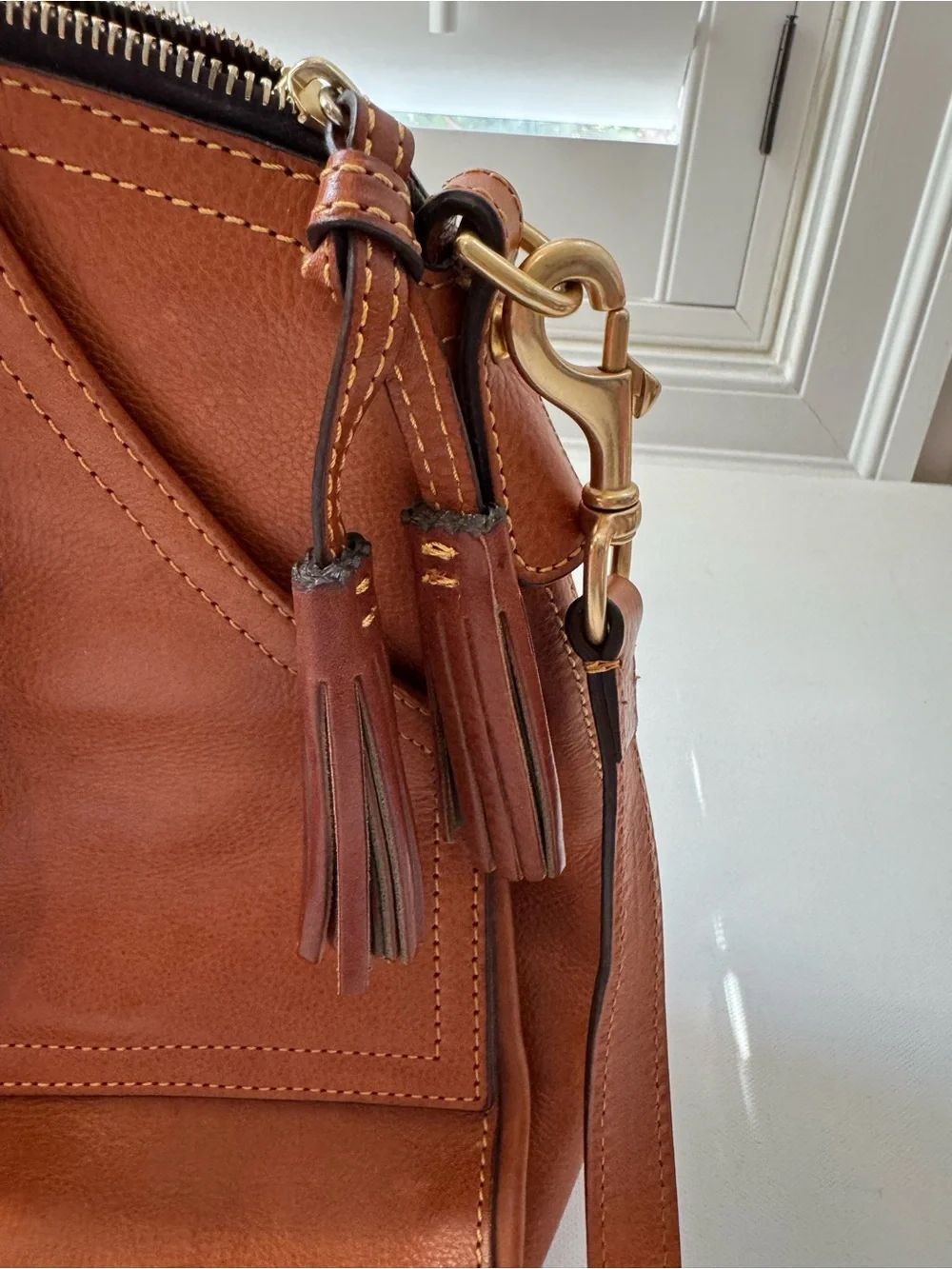 Dooney & Bourke Florentine Leather Front Pocket Satchel Chestnut Brown Crossbody